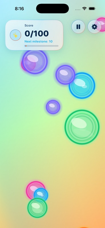 Gameplay screenshot of Uplifting Bubbles showing colorful bubbles and a positive affirmation